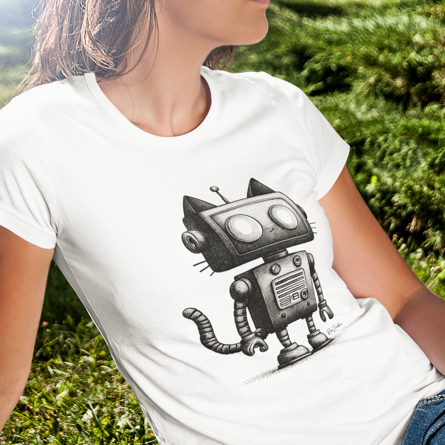 T-shirt blanc coton recyclé —  Illustration robot-chat rétro-futuriste