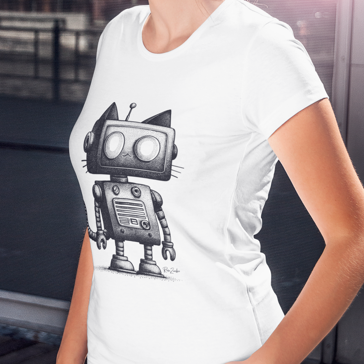 T-shirt blanc coton recyclé —  Illustration robot-chat rétro-futuriste