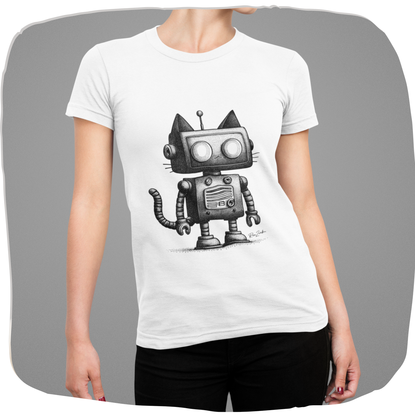 T-shirt blanc coton recyclé —  Illustration robot-chat rétro-futuriste