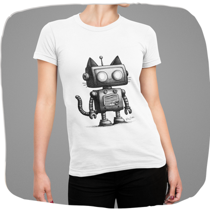 T-shirt blanc coton recyclé —  Illustration robot-chat rétro-futuriste