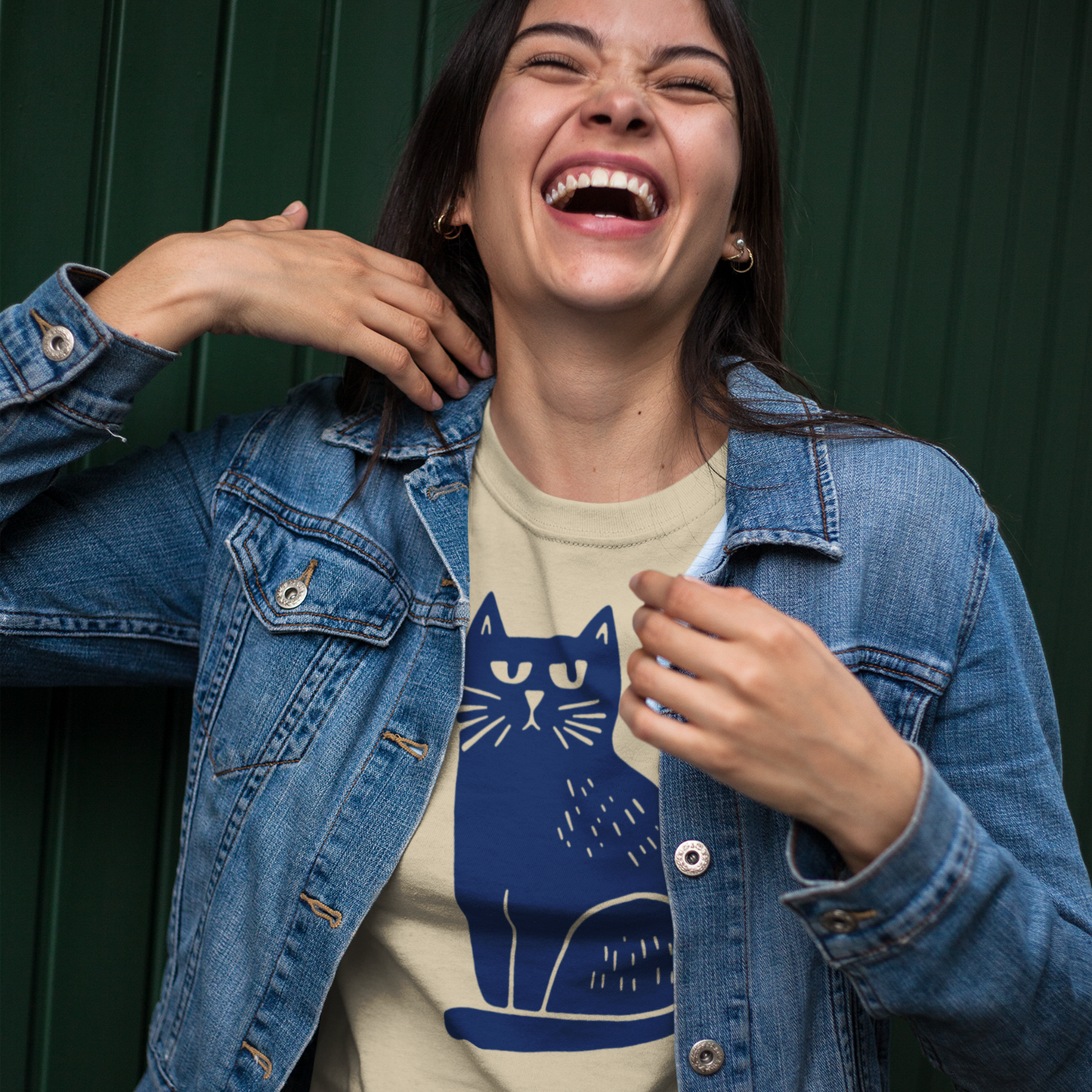 T-shirt en coton bio – Illustration chat minimaliste bleu marine
