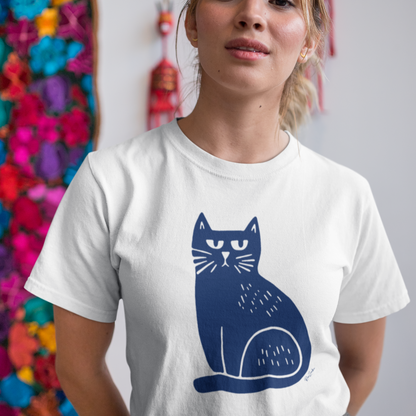 T-shirt en coton bio – Illustration chat minimaliste bleu marine