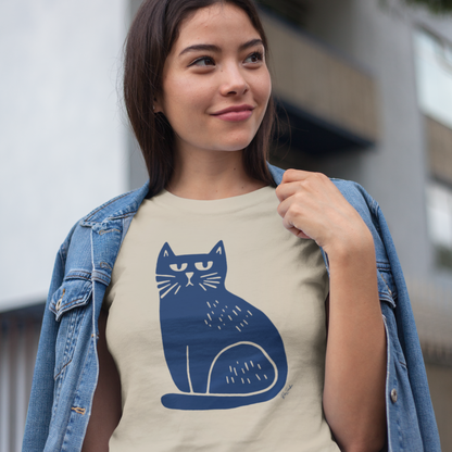 T-shirt en coton bio – Illustration chat minimaliste bleu marine