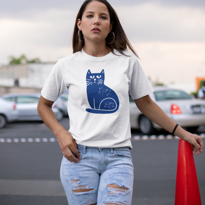 T-shirt en coton bio – Illustration chat minimaliste bleu marine