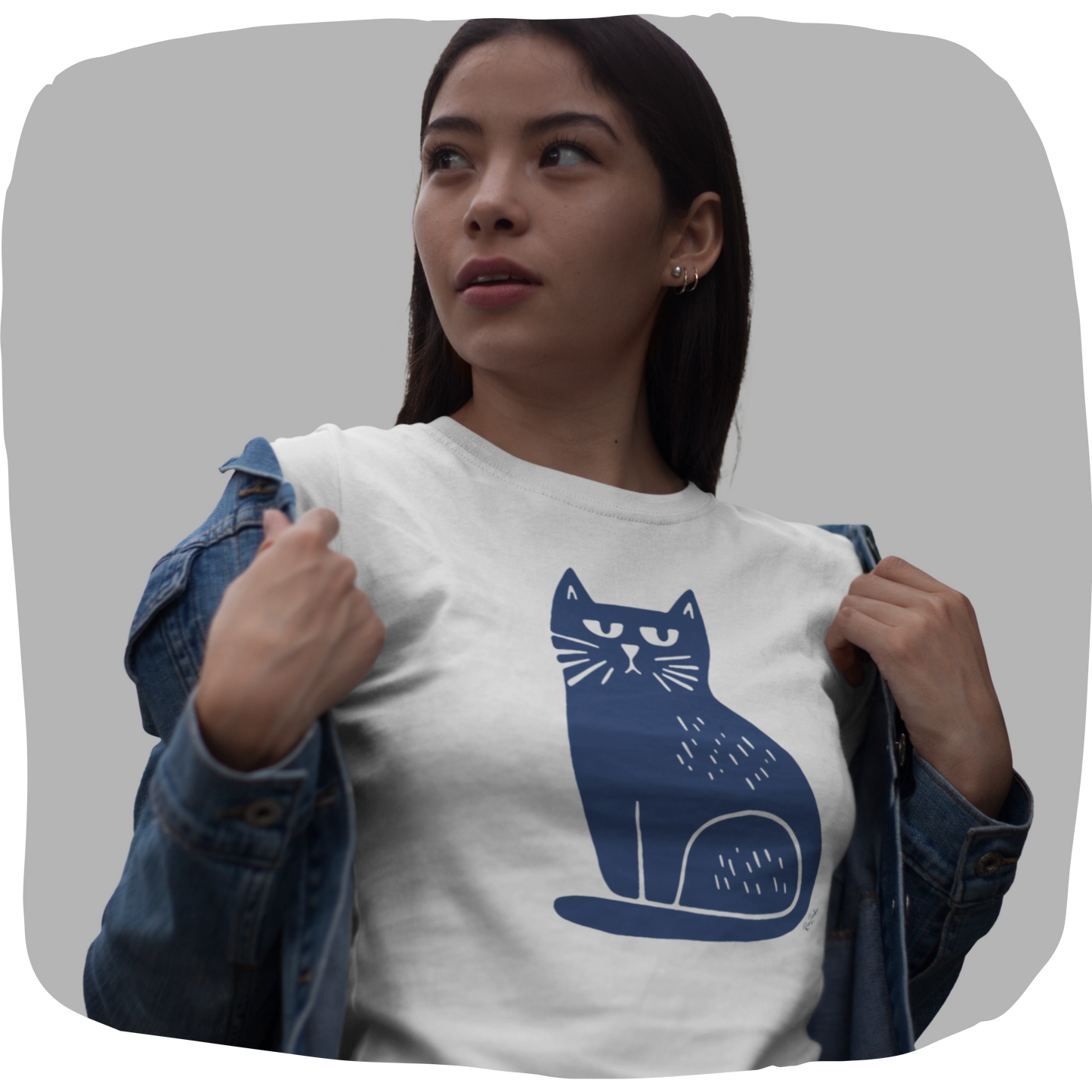 T-shirt en coton bio – Illustration chat minimaliste bleu marine