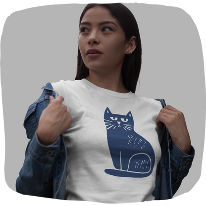 T-shirt en coton bio – Illustration chat minimaliste bleu marine