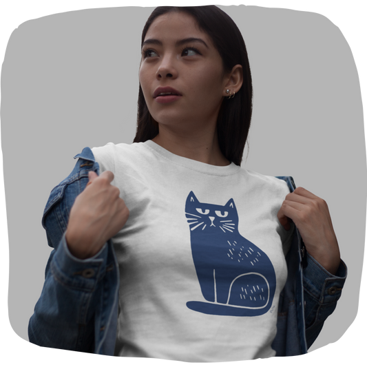 T-shirt en coton bio – Illustration chat minimaliste bleu marine