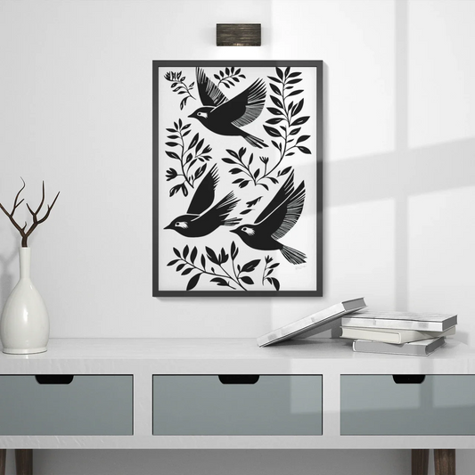 Affiche déco éco-friendly, style minimaliste, oiseaux noirs et feuillage, intérieur moderne.