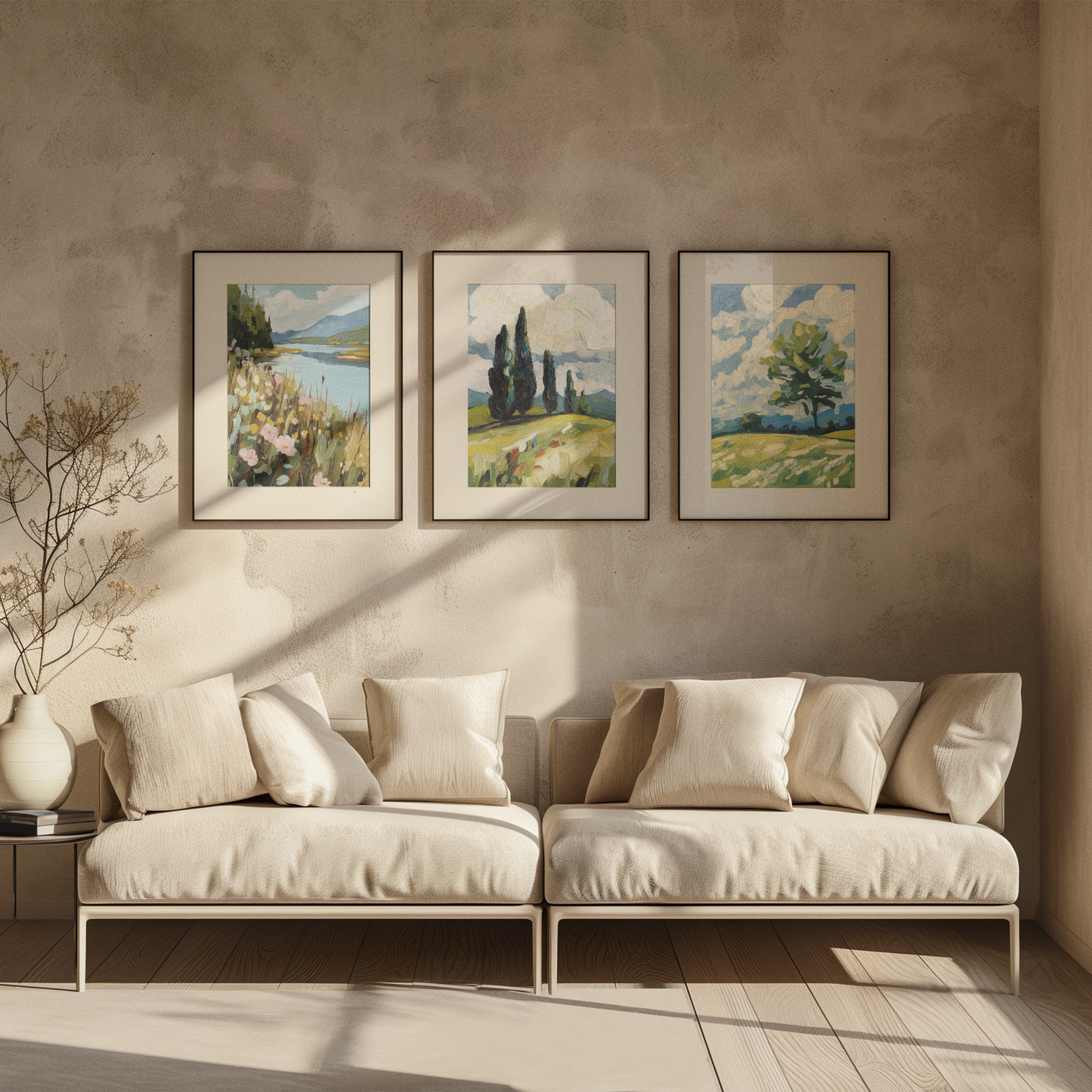 Affiches nature écologiques décorant un salon minimaliste, affiches déco durables rose zombie