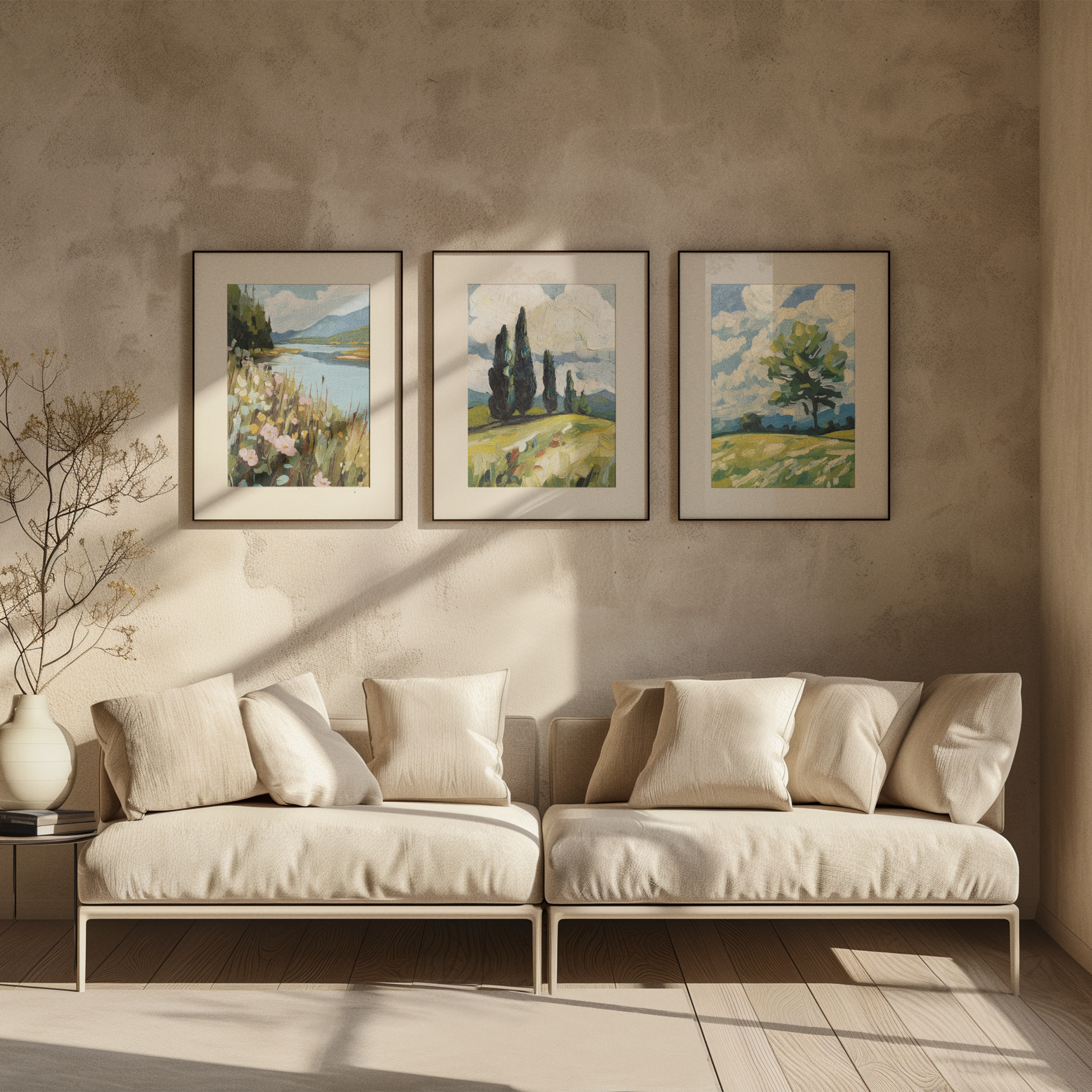 Affiches nature écologiques décorant un salon minimaliste, affiches déco durables rose zombie