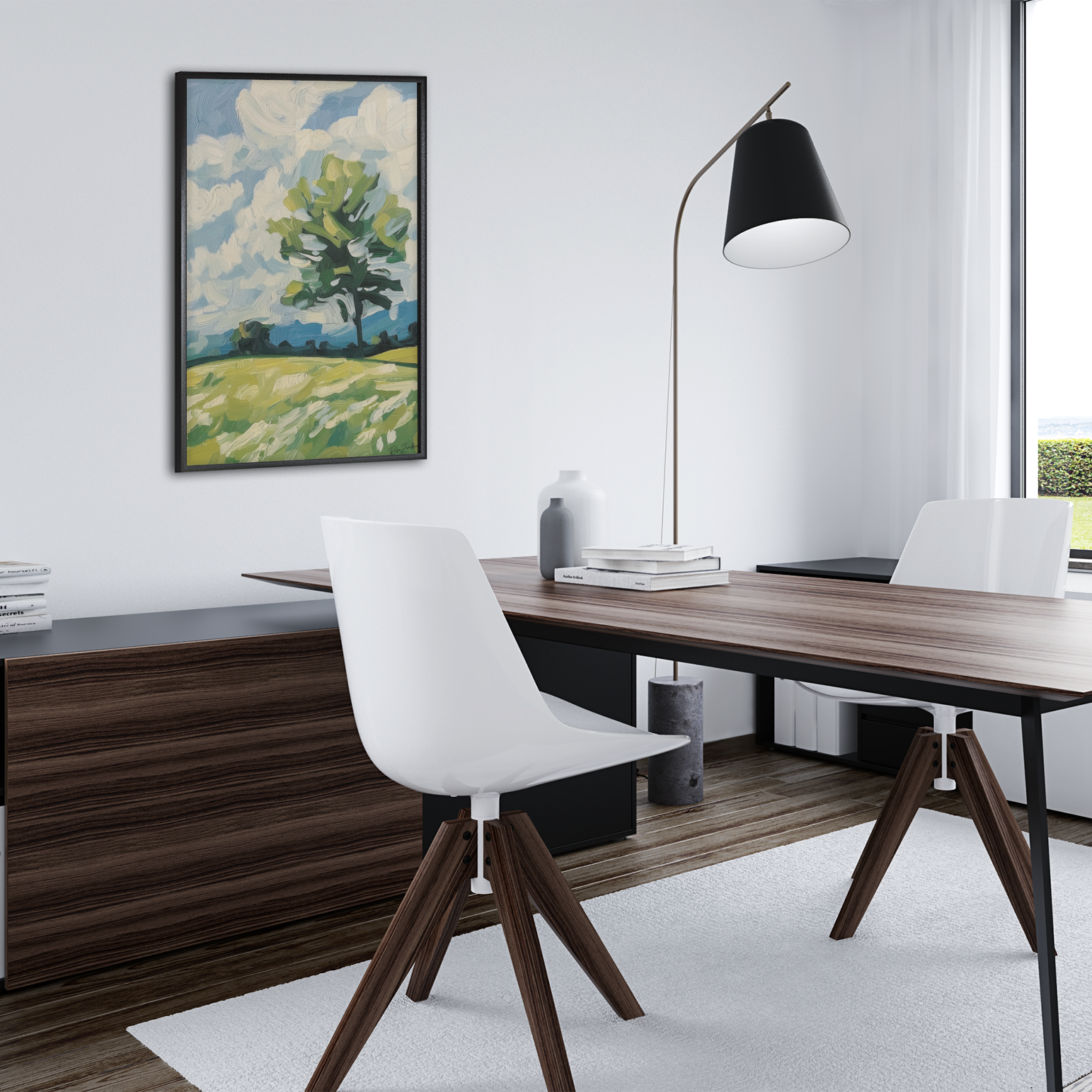 Affiche déco éco-responsable paysage nature accrochée dans un bureau moderne, rose zombie