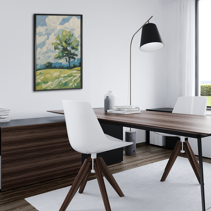 Affiche déco éco-responsable paysage nature accrochée dans un bureau moderne, rose zombie