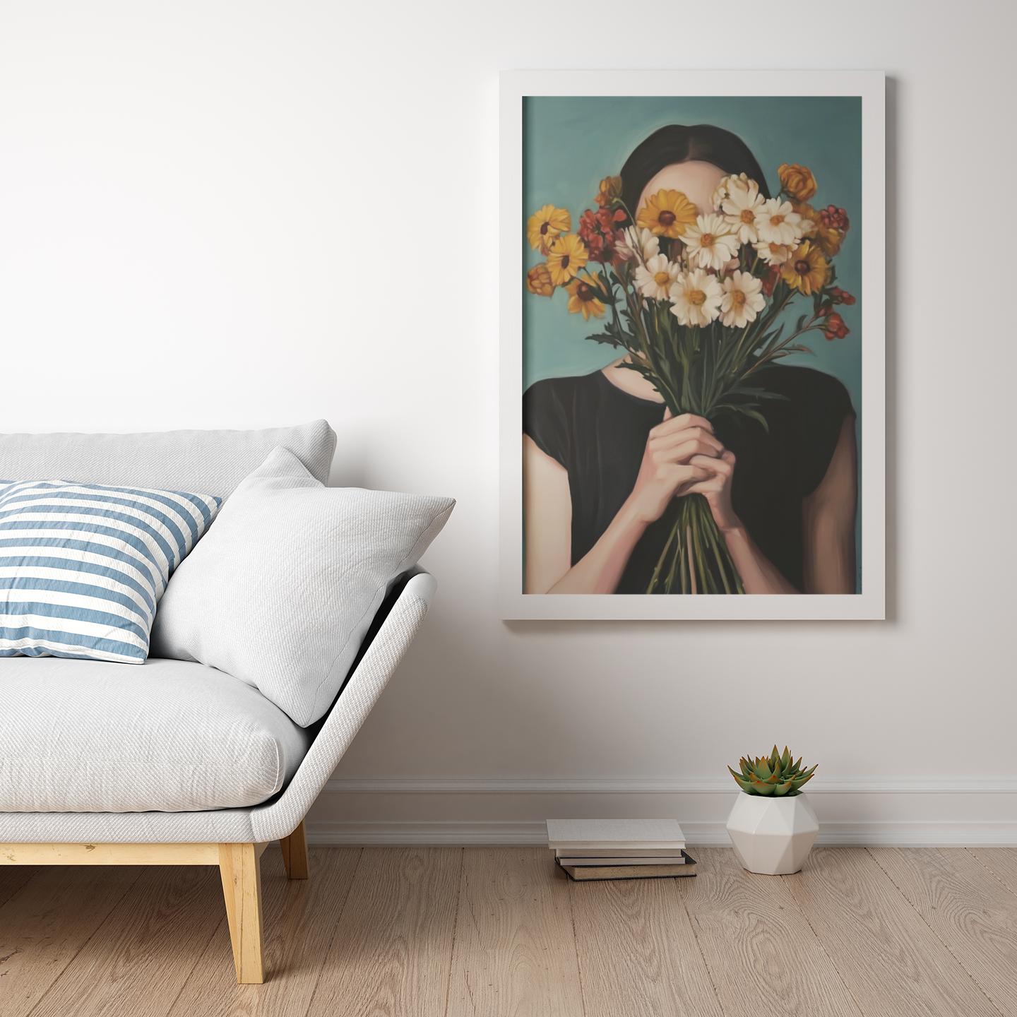 Póster impreso de estilo pictórico de una joven con un ramo de flores.