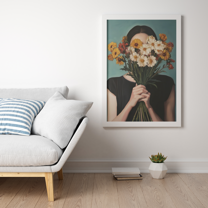 Póster impreso de estilo pictórico de una joven con un ramo de flores.