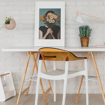 Poster imprimé style peinture d'une jeune femme avec un bouquet de fleurs