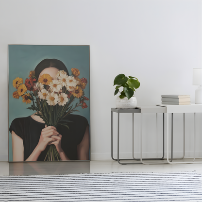 Póster impreso de estilo pictórico de una joven con un ramo de flores.