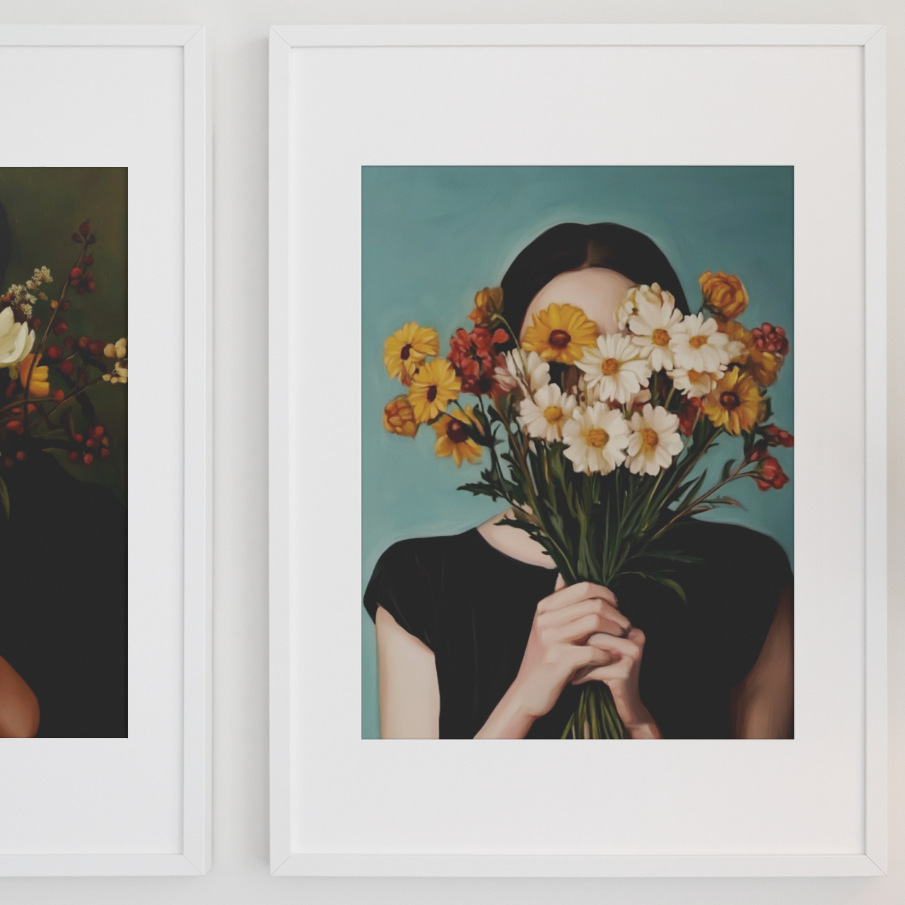 Póster impreso de estilo pictórico de una joven con un ramo de flores.