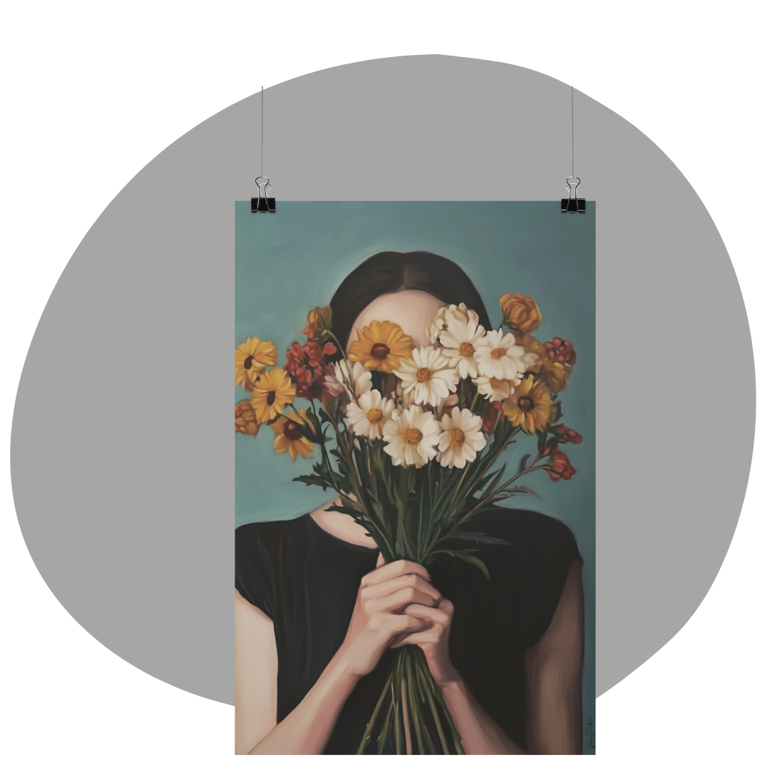 Poster imprimé style peinture d'une jeune femme avec un bouquet de fleurs