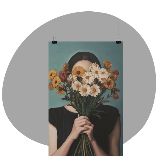 Poster imprimé style peinture d'une jeune femme avec un bouquet de fleurs