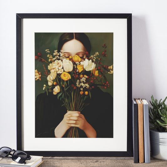 Poster imprimé style peinture d'une jeune femme avec un bouquet de fleurs