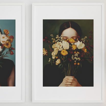 Poster imprimé style peinture d'une jeune femme avec un bouquet de fleurs
