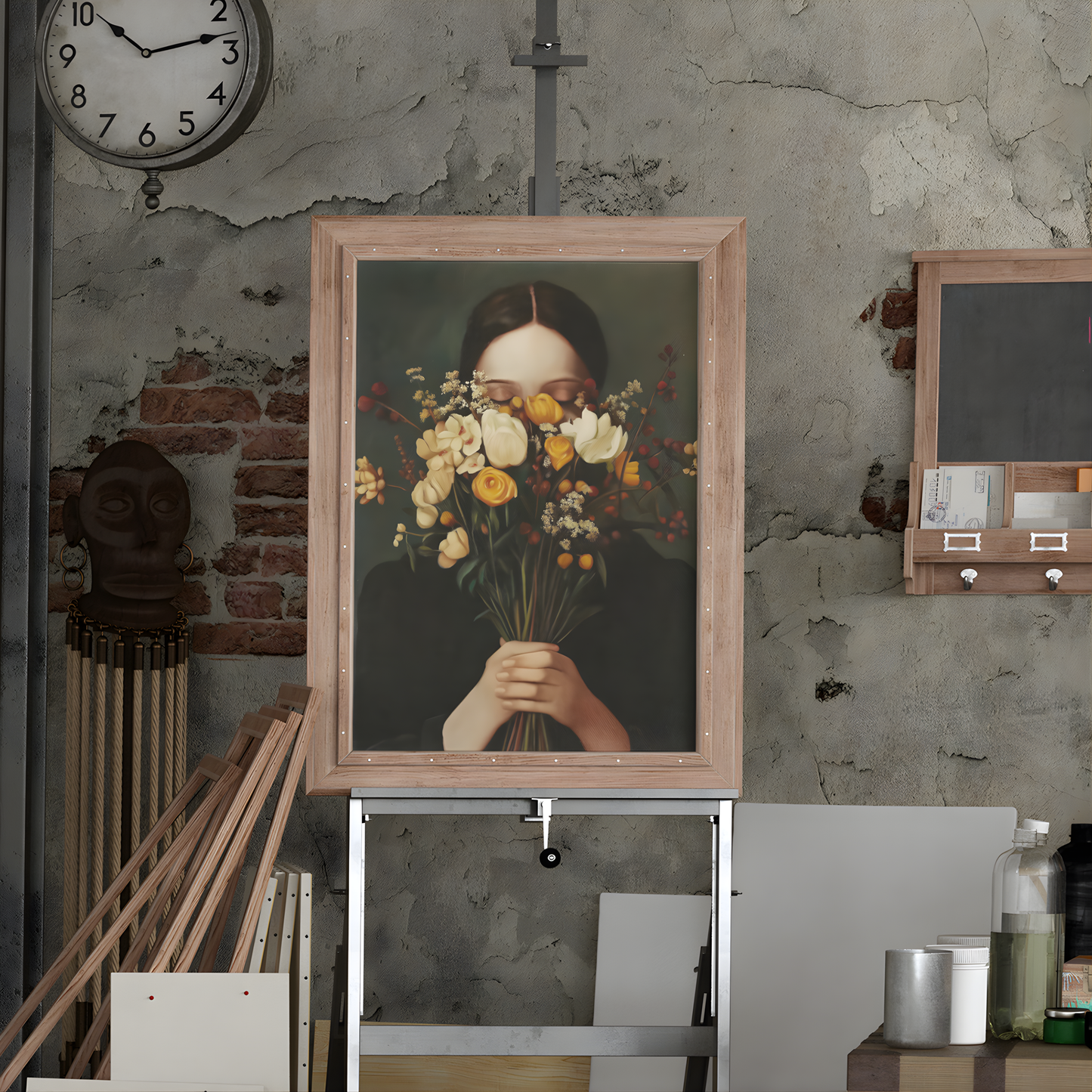 Poster imprimé style peinture d'une jeune femme avec un bouquet de fleurs