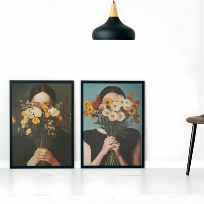 Poster imprimé style peinture d'une jeune femme avec un bouquet de fleurs