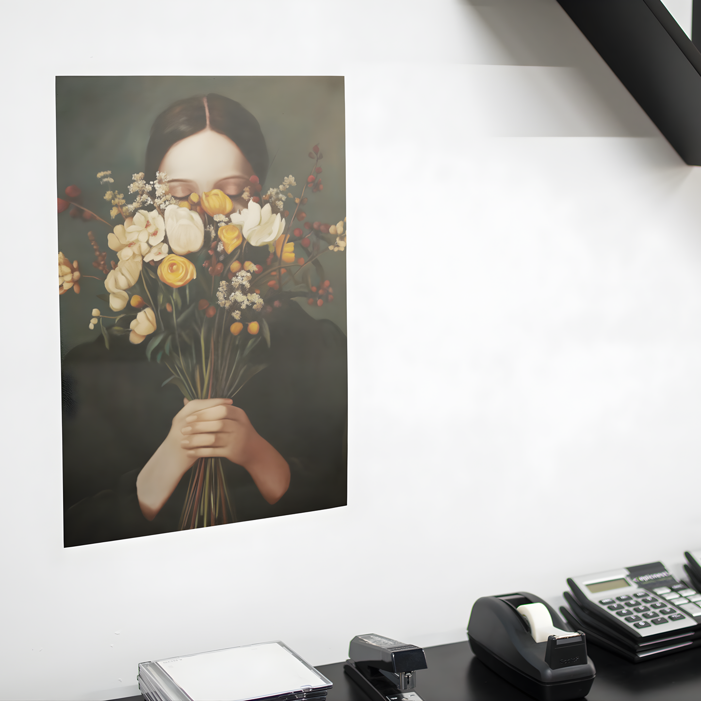 Poster imprimé style peinture d'une jeune femme avec un bouquet de fleurs