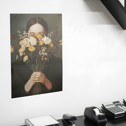 Poster imprimé style peinture d'une jeune femme avec un bouquet de fleurs