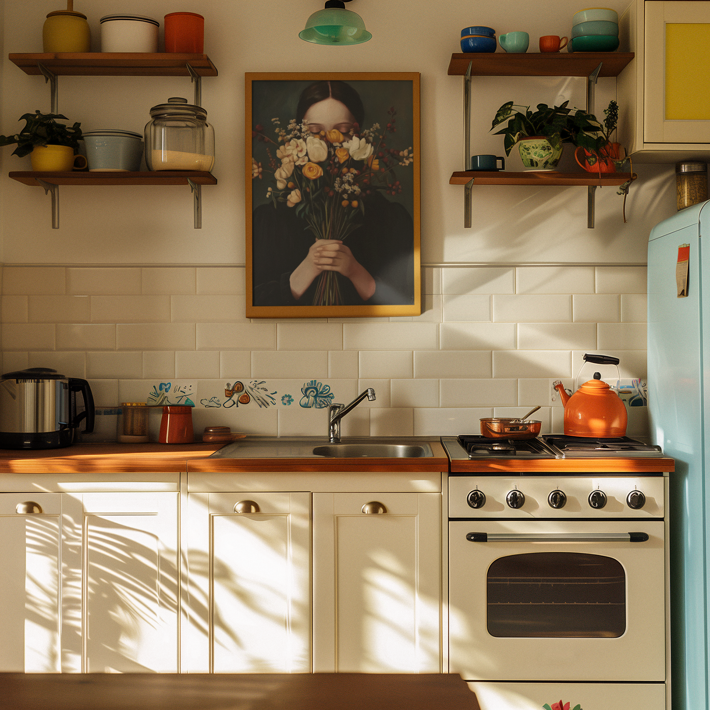 Poster imprimé style peinture d'une jeune femme avec un bouquet de fleurs