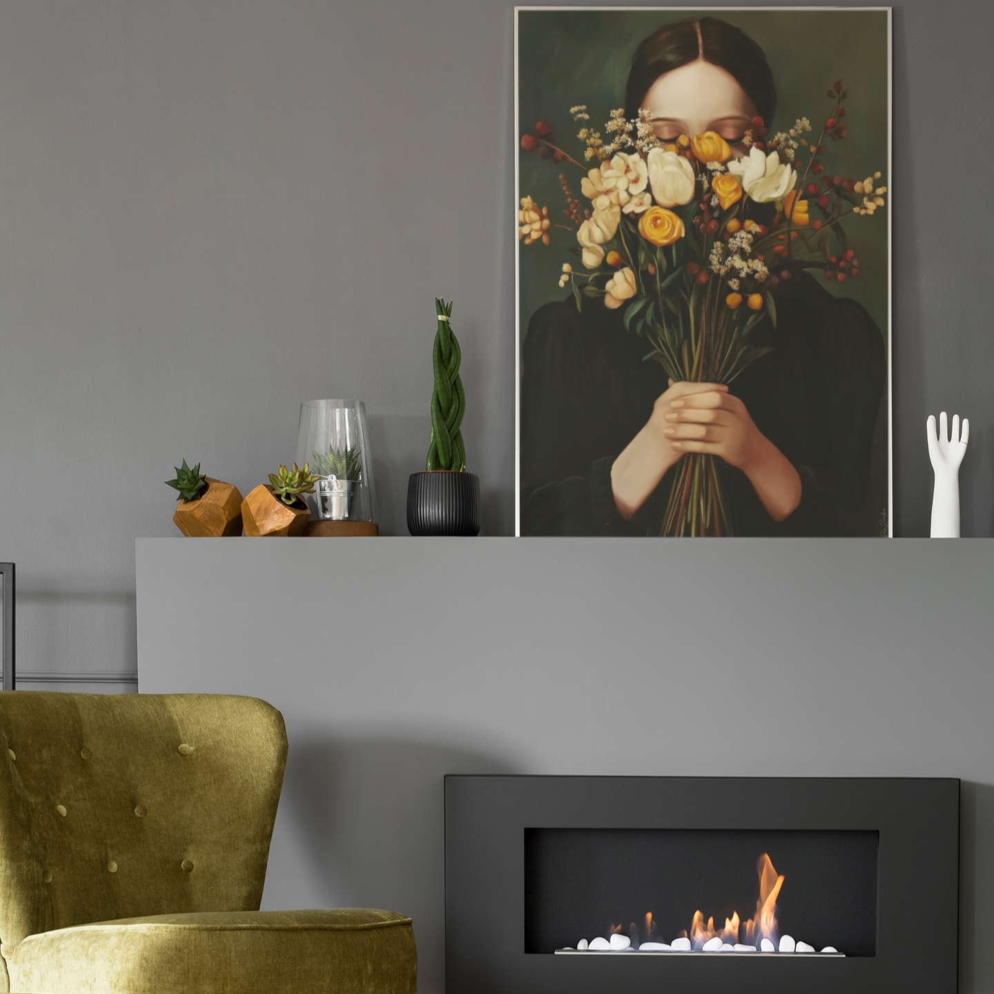 Poster imprimé style peinture d'une jeune femme avec un bouquet de fleurs