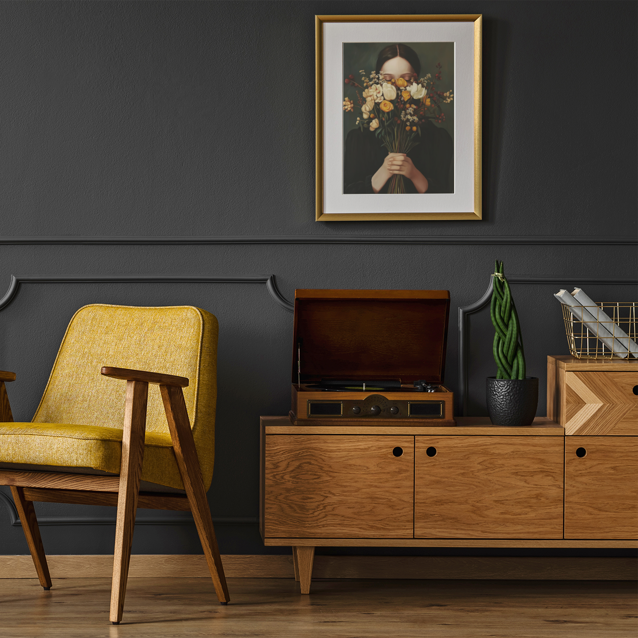 Poster imprimé style peinture d'une jeune femme avec un bouquet de fleurs