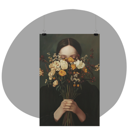 Poster imprimé style peinture d'une jeune femme avec un bouquet de fleurs