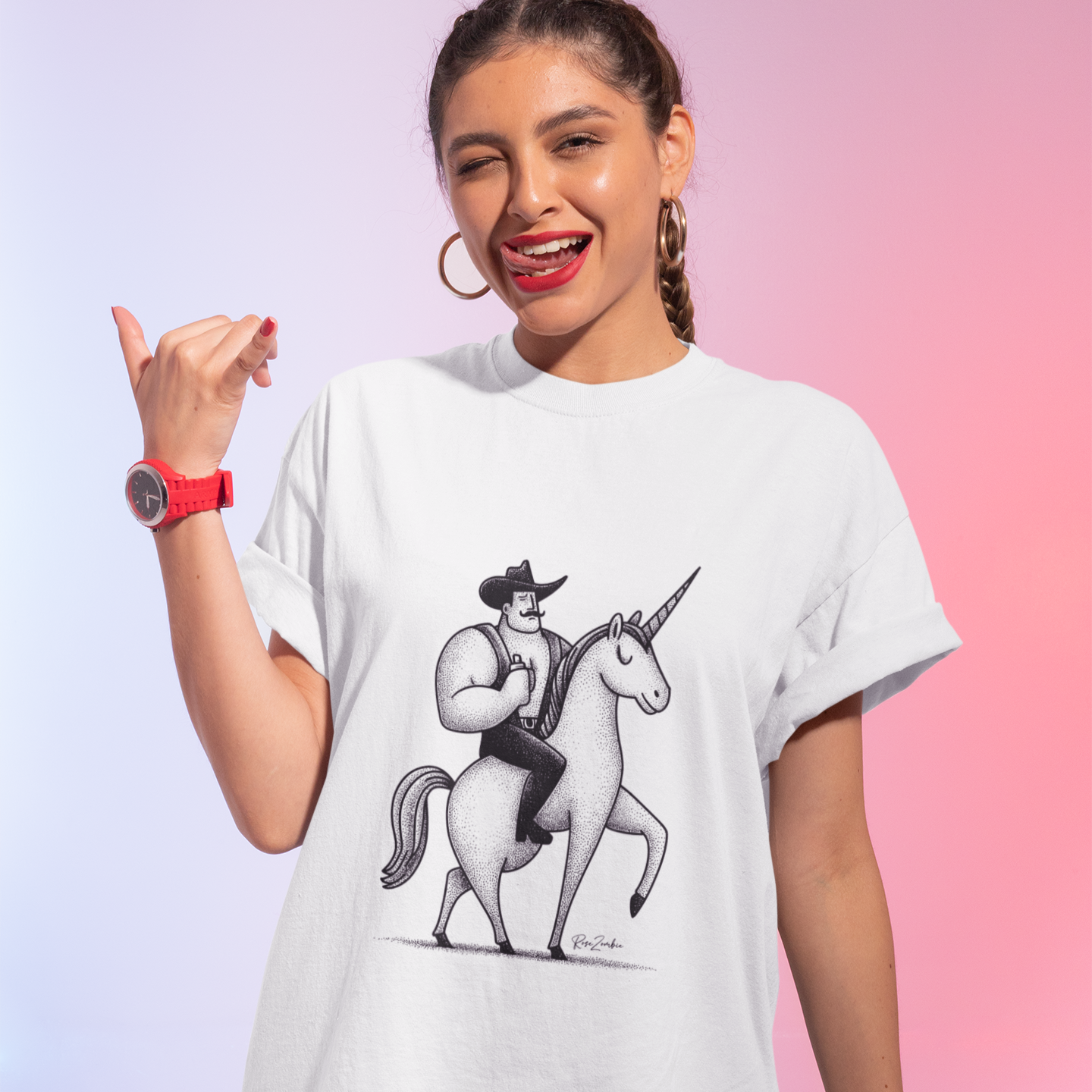 T-shirt coton recyclé — Cowboy chevauchant une licorne