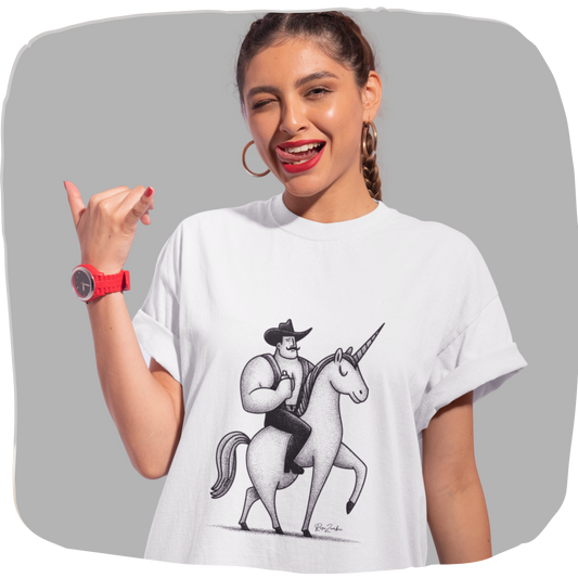 T-shirt coton recyclé — Cowboy chevauchant une licorne