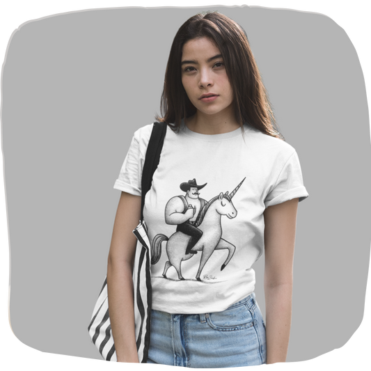 T-shirt coton recyclé — Cowboy chevauchant une licorne
