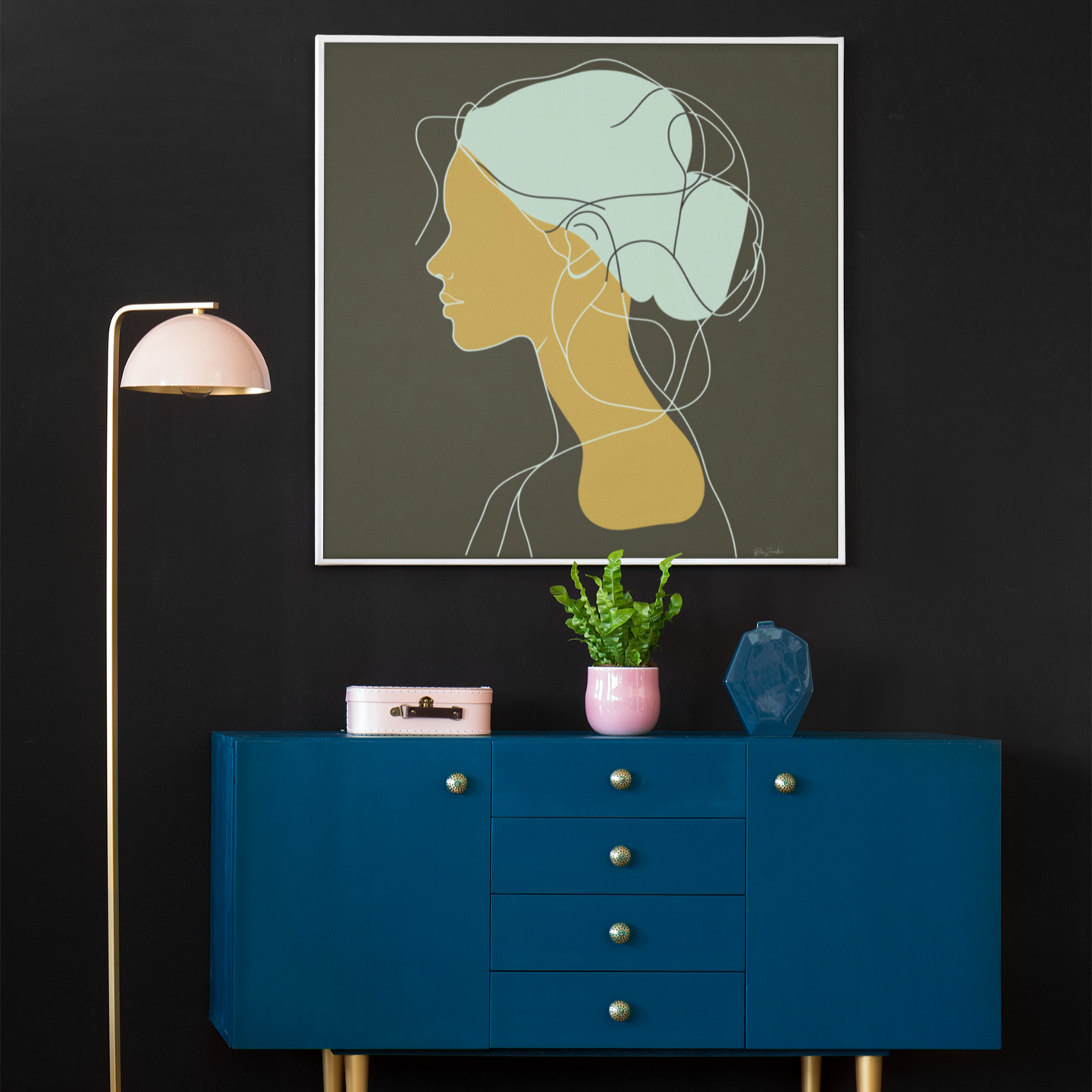 Póster impreso ecológico: Perfil de mujer dibujado con líneas