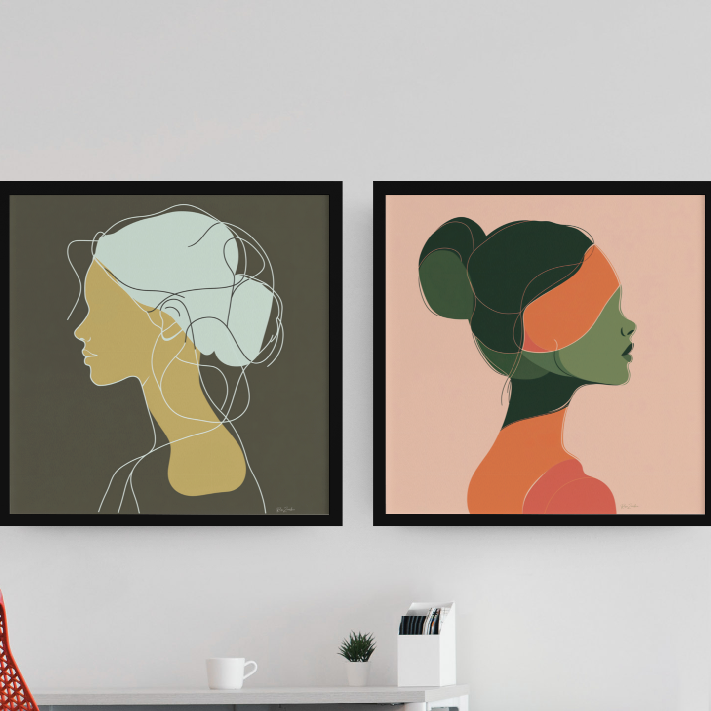 Póster impreso ecológico: Perfil de mujer dibujado con líneas