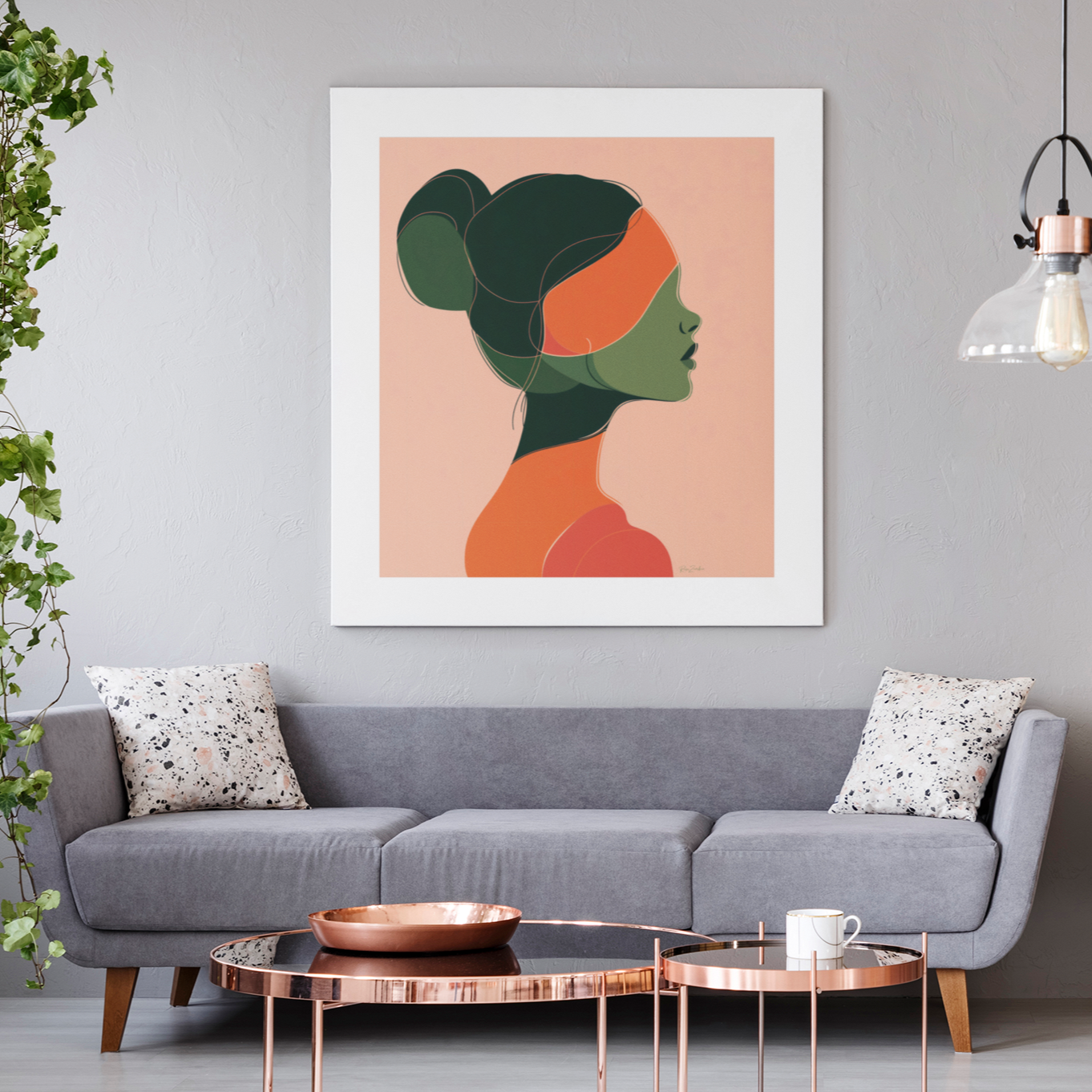 Póster impreso ecológico: Perfil de mujer dibujado con líneas