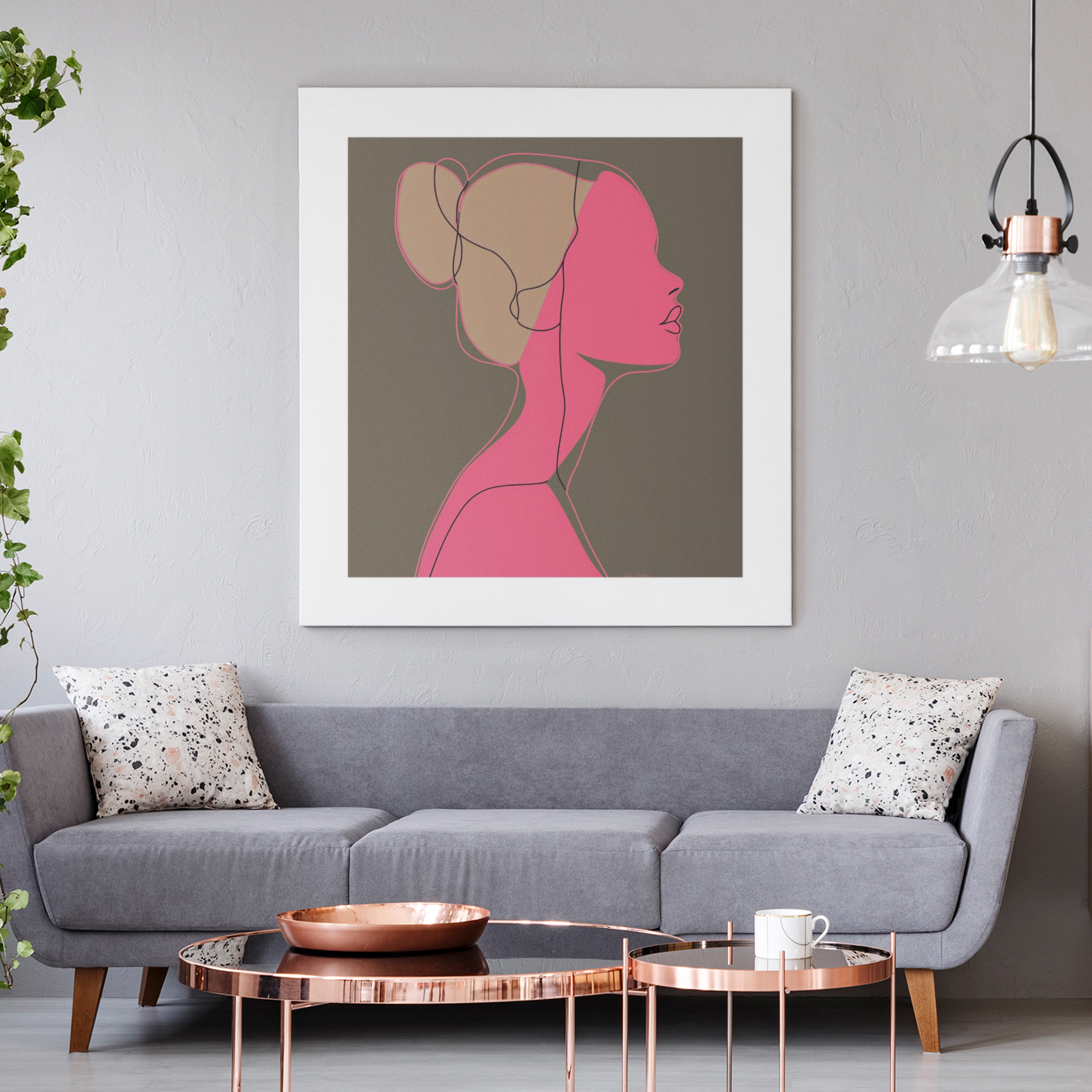 Póster impreso ecológico: Perfil de mujer dibujado con líneas