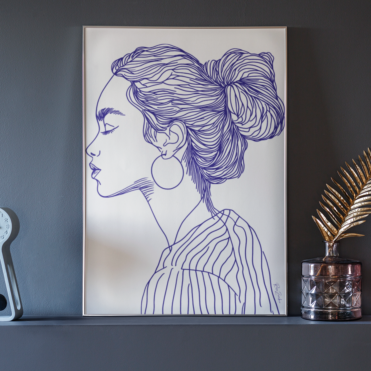 Affiche déco silhouette femme, dessin ligne écofriendly, style moderne, Rose Zombie