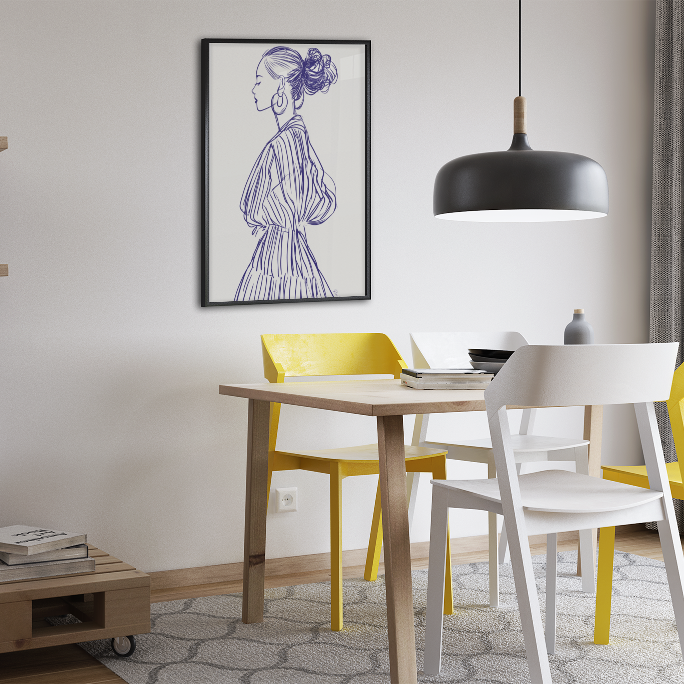Affiche déco éco-responsable silhouette femme, style line art, salle à manger moderne