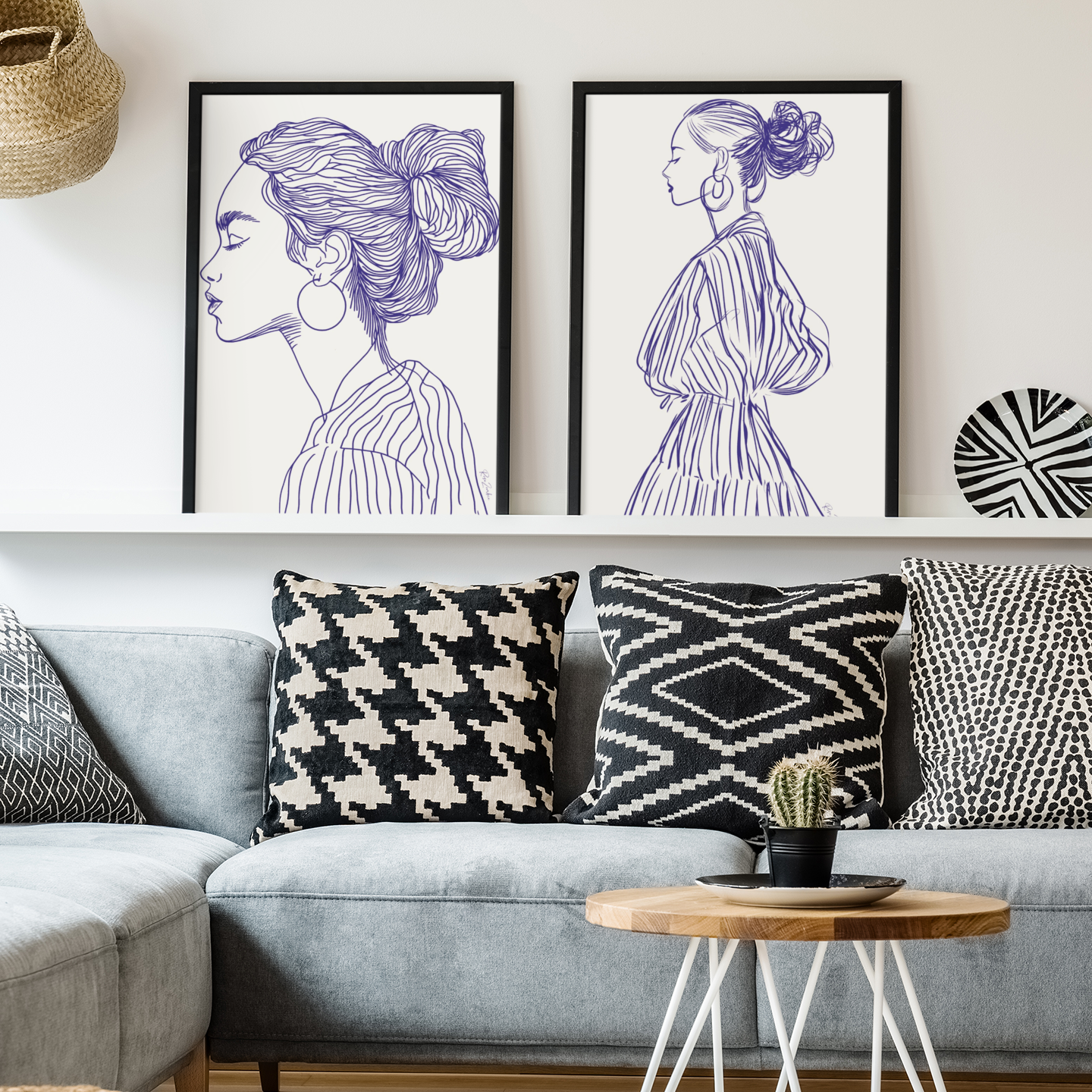 Affiches déco éco-responsables avec silhouettes de femmes, style line art, sur mur salon moderne