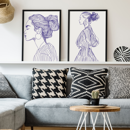 Affiches déco éco-responsables avec silhouettes de femmes, style line art, sur mur salon moderne