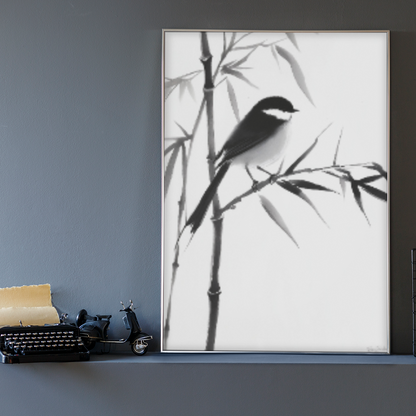 Poster imprimé écolo en style esquisse à l'encre de Chine - Illustration d'un oiseau