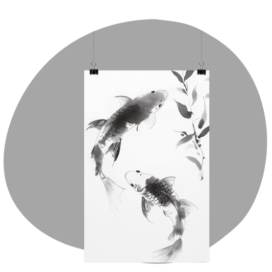 Poster imprimé écolo en style esquisse à l'encre de Chine - Illustration de poissons