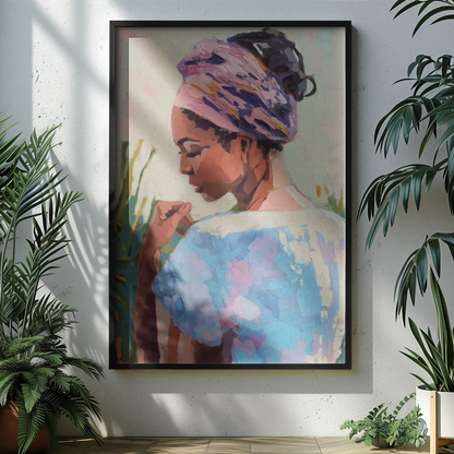 Affiche déco femme créole, style aquarelle, ambiance écolo, mur, plantes vertes, rose zombie