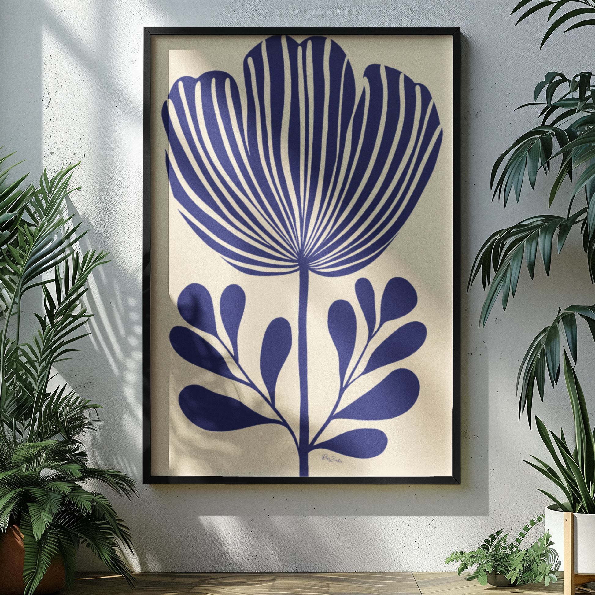 Affiche déco éco-responsable style linogravure fleur bleue, boutique rose zombie.