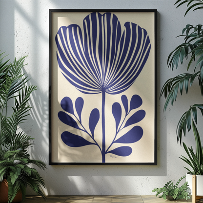 Affiche déco éco-responsable style linogravure fleur bleue, boutique rose zombie.