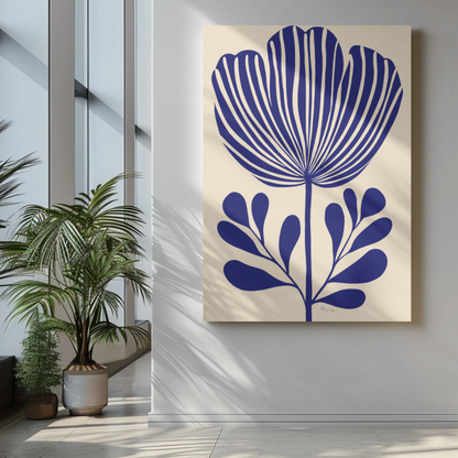 Affiche déco éco-responsable style linogravure, fleur bleue, intérieur lumineux moderne.